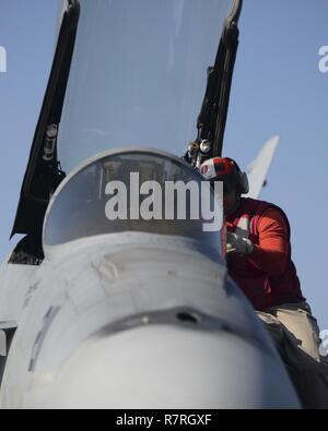 Oceano Pacifico (31 marzo 2017) Il tiratore del 'Argonauti' di Strike Fighter Squadron (VFA) 147, Ens. Jose Franco. Un nativo di Houston, guarda nel cockpit di un F/A-18E Super Hornet a bordo della portaerei USS Nimitz CVN (68). Nimitz è attualmente in corso di conduzione formazione composita dell'Unità Esercizio (COMPTUEX) con il vettore Nimitz Strike gruppo in preparazione per una prossima distribuzione. Prove COMPTUEX un carrier strike gruppo mission-la prontezza e la capacità di funzionare come una unità integrata attraverso la simulazione di scenari del mondo reale. Foto Stock