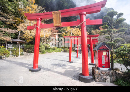 Beppu, Oita, Giappone, 8 Novembre 2018: giapponese rosso torii di legno vicino UMI JIGOKU (Mare Inferno) stagno in autunno, che è uno dei più famosi naturale spri caldo Foto Stock