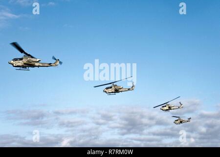 BUCKNER BAY (5 aprile 2017) Quattro AH-1W Super elicotteri Cobra, assegnato a mezzo marino Tiltrotor Squadron (VMM) 262 (rinforzato), sorvolare il trasporto anfibio USS dock Green Bay (LPD 20). Green Bay, parte dell'Bonhomme Richard Expeditionary Strike gruppo, con avviato 31 Marine Expeditionary Unit, è di pattuglia, operando in Indo-Asia-regione del Pacifico per migliorare la prontezza combattimento e la postura in avanti come una pronta risposta in vigore per qualsiasi tipo di emergenza. Foto Stock