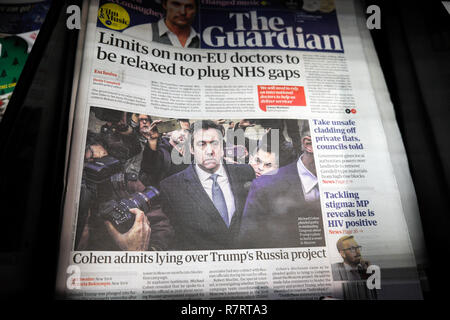 "Cohen ammette che giace sopra Trump's progetto Russia' Donald Trump Avvocato Michael Cohen sulla pagina anteriore del Guardian di Londra REGNO UNITO Foto Stock