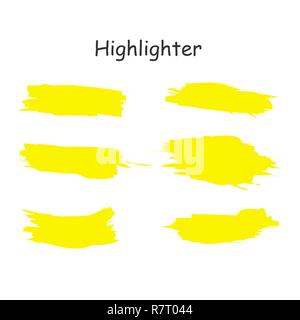 Acquerello giallo disegnati a mano evidenziare set. Vettore spazzola evidenziatore linee. Pennarello per evidenziare evidenziare tratti Illustrazione Vettoriale