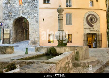 Francia, Var, Dracenie, Bargemon, antica porta della città medievale, fontana del Municipio e la sua Melarguier Foto Stock