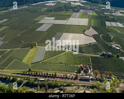 La valle del fiume Etsch-Adige vicino Kastelbell-Tschars, Val Venosta, Regione Sud Tyrol-Bolzano, Italia, Europa Foto Stock