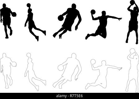 Giocatore di basket sagome vettore di contorno Illustrazione Vettoriale