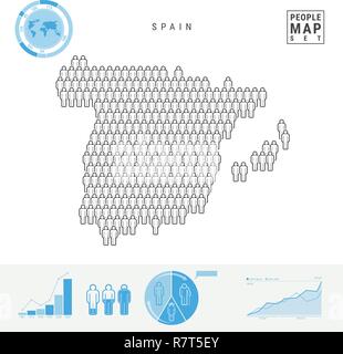 Spagna icona Persone Mappa. Le persone si affollano nella forma di una mappa della Spagna. Silhouette stilizzata della Spagna. Tasso di crescita e di invecchiamento della popolazione ed infografico elementi. Ve Illustrazione Vettoriale