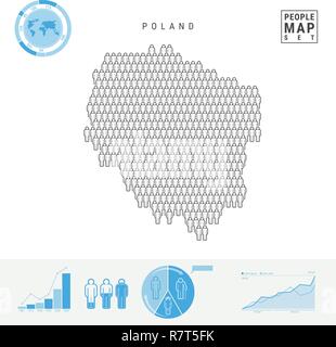 Polonia icona Persone Mappa. Le persone si affollano nella forma di una mappa della Polonia. Silhouette stilizzata della Polonia. Tasso di crescita e di invecchiamento della popolazione ed infografico elementi. Illustrazione Vettoriale