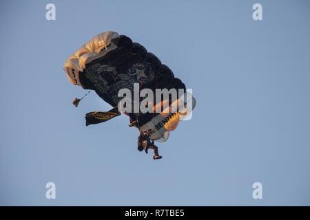 Un U.S. Esercito parachutist dal Fort Benning Silver Wings paracadute team di dimostrazione discende verso la designata zona di atterraggio durante la migliore concorrenza Ranger 2017, a Fort Mitchell, Ala., 8 aprile 2017. Il miglior Ranger la concorrenza è un evento di tre giorni consistente di sfide per testare concorrente del fisico, mentale e capacità tecniche e luoghi militari migliori della due-uomo squadre Ranger gli uni contro gli altri a competere per il titolo di miglior Ranger. Foto Stock