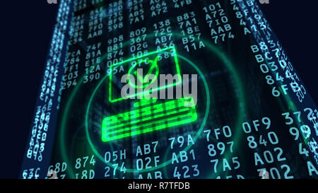 Cyber security 3D'illustrazione. Sistema ok simbolo con blocco digitale in background. Concetto di protezione dei dati, firewall e protezione del computer. Foto Stock