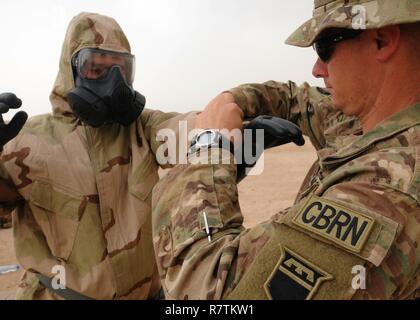 Il personale Sgt. Justin Lis, team leader con 355biologiche chimiche radioattive e nucleari Company, aiuta a don marino il suo equipaggiamento protettivo durante un esercizio di decontaminazione il 6 aprile a Camp Buehring. L'esercizio incorpated esercito, Airforce, marines e della Guardia Costiera servicemembers CBRN. Foto Stock