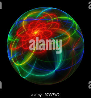 Bolla frattale con un neon luminoso colorato motivo floreale; su sfondo nero Foto Stock