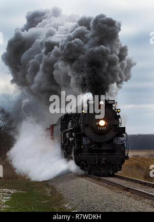 Pere Marquette 1225 famosa come la Polar Express viaggia attraverso la campagna del Michigan Foto Stock