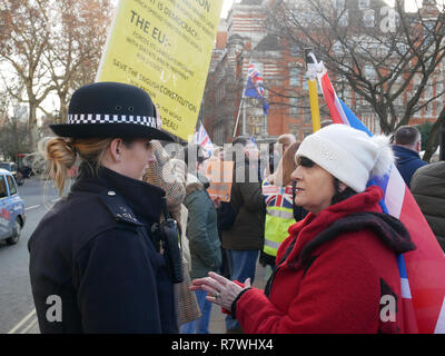Londra, Regno Unito. 11 dicembre, 2018. Un funzionario di polizia e protester parla durante le dimostrazioni Brexit al di fuori del parlamento di Westminster a Londra. Credito: Ben Slater/Alamy Live News Foto Stock