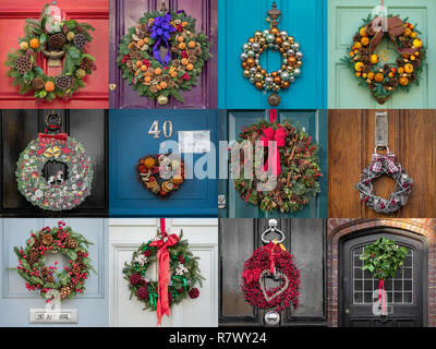 Londra, Regno Unito. Dodicesimo Dicembre, 2018. Natale corona porta collage. Festa di Natale ghirlande appendere il colorato porte di abitazioni nel Royal Borough di Kensington e Chelsea. Credito: Guy Corbishley/Alamy Live News Foto Stock
