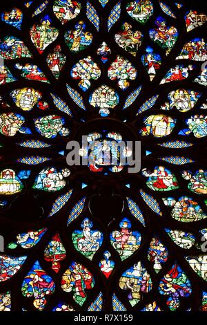 Francia, Parigi, zona elencata come patrimonio mondiale dall' UNESCO, Ile de la Cite, la Sainte Chapelle (la Santa Cappella), le vetrate della cappella superiore, dettaglio dal Rose Foto Stock