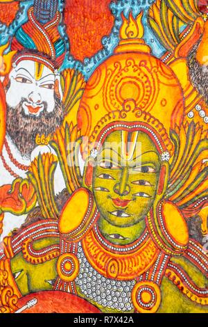 India, stato del Kerala, Guruvayur, luogo di pellegrinaggio in Sri Krishna temple, dipinti ad affresco raffigurante Krishna la vita Foto Stock