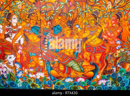 India, stato del Kerala, Guruvayur, luogo di pellegrinaggio in Sri Krishna temple, dipinti ad affresco raffigurante Krishna la vita Foto Stock