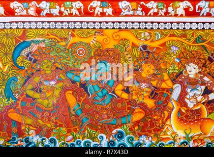 India, stato del Kerala, Guruvayur, luogo di pellegrinaggio in Sri Krishna temple, dipinti ad affresco raffigurante Krishna la vita Foto Stock