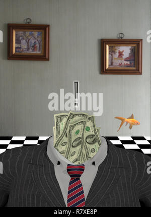 Dollari nel business suit. Pesce Dorato. Desiderio di denaro Foto Stock