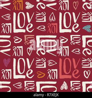 Scritto a mano colori retrò il giorno di San Valentino la tipografia vector seamless pattern. Disegnata a mano Doodle il cuore e la parola amore. Carino Graffity. Lettere colorate Illustrazione Vettoriale