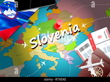 La Slovenia concetto di viaggio lo sfondo della mappa con piani,biglietti. Visitare la Slovenia viaggi e turismo il concetto di destinazione. Bandiera della Slovenia sulla mappa. Piani e fl Foto Stock