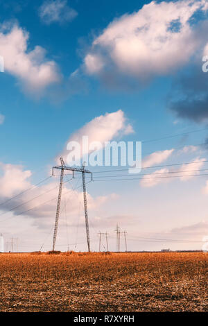 Elettricità traliccio in tield per la trasmissione di energia Foto Stock