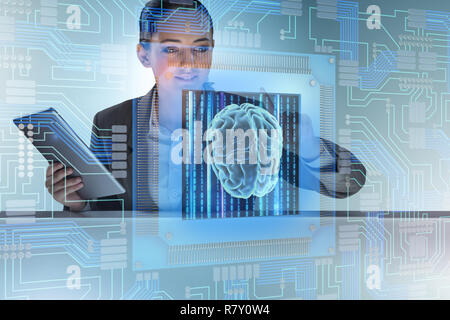 Cognitive concetto computive con la donna premendo i pulsanti Foto Stock