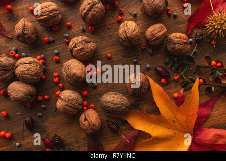 Abbondanza di noci con guscio, vista dall'alto della tavola decorati con colorate foglie d'acero Foto Stock