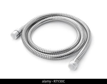 Acqua in acciaio inossidabile flessibile doccia isolato su bianco Foto Stock