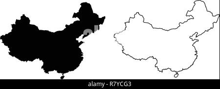 Semplice (solo angoli acuti) mappa della Cina il disegno vettoriale. Riempito e versione di contorno Illustrazione Vettoriale
