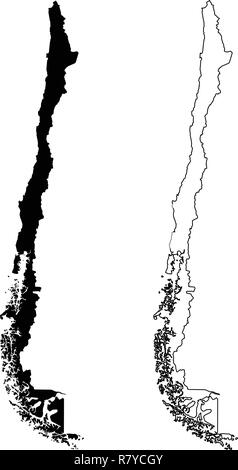 Semplice (solo angoli acuti) Mappa del Cile il disegno vettoriale. Proiezione di Mercatore. Riempito e contorno versione. Illustrazione Vettoriale