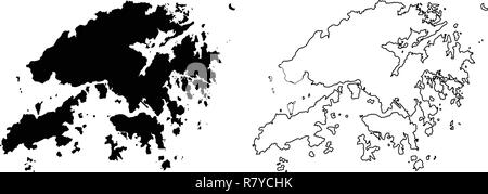 Semplice (solo angoli acuti) Mappa di Hongkong (Hong Kong Regione Amministrativa Speciale della Cina) disegno vettoriale. Proiezione di Mercatore. Riempito e contorno Illustrazione Vettoriale