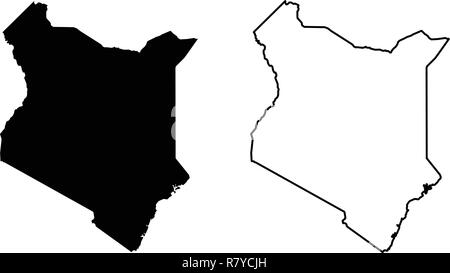 Semplice (solo angoli acuti) Mappa del Kenya disegno vettoriale. Proiezione di Mercatore. Riempito e contorno versione. Illustrazione Vettoriale