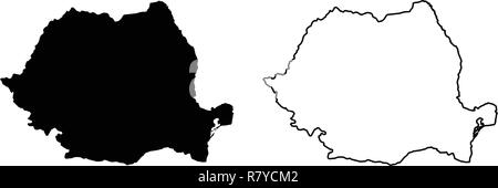 Semplice (solo angoli acuti) Mappa di Romania disegno vettoriale. Proiezione di Mercatore. Riempito e contorno versione. Illustrazione Vettoriale