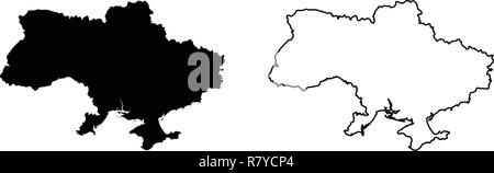 Semplice (solo angoli acuti) Mappa di Ucraina disegno vettoriale. Proiezione di Mercatore. Riempito e contorno versione. Illustrazione Vettoriale