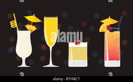 La Pina Colada cocktail, Mimosa , Whisky Sour e Tequila Sunrise su nero con mirroring con sfondo bokeh di fondo. Illustrazione Vettoriale per la stampa e web, party Illustrazione Vettoriale