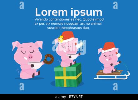 Suini carini simbolo del 2019 anno nuovo cinese diverse pose Merry Christmas holiday celebrazione concetto orizzontale piana spazio di copia Illustrazione Vettoriale