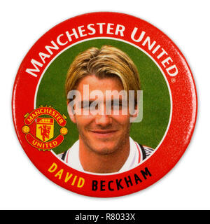 La spina metallica badge da anni novanta con David Beckham gioca per il Manchester United Foto Stock