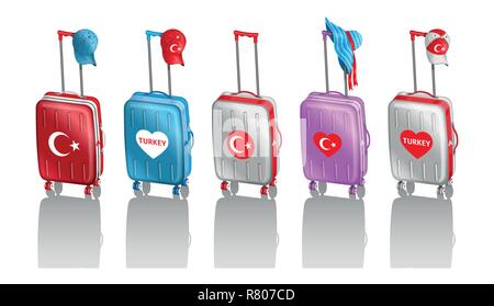 Sacchetti con ruote con differenti cappelli turco per viaggiare in Turchia. Tutti gli oggetti sono in diversi strati e i tipi di testo non è necessario alcun font. Illustrazione Vettoriale