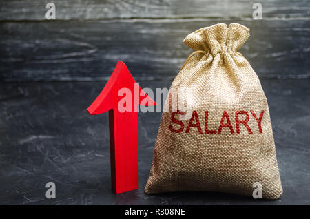 Una borsa con il denaro e l'iscrizione di stipendio e freccia verso l'alto. aumento di salario, sui tassi salariali. promozione, crescita professionale. elevare il tenore di vita. Foto Stock