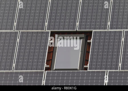 Campo fotovoltaico e finestra sul tetto di una casa. Germania Foto Stock