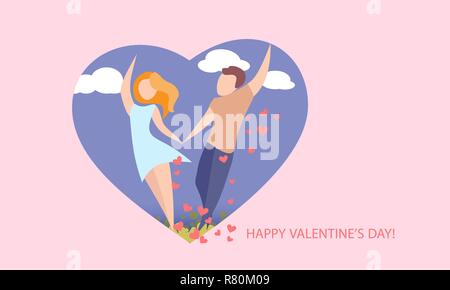 Valentines Day card con coppia tenendo le mani nel cuore di amore sul cielo blu. Carta vettoriale arte illustrazione. In stile appartamento. Illustrazione Vettoriale