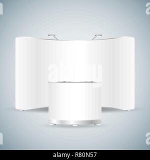 Vettore mostra bianco trade show POS POW booth mock up del marchio bianco parete stampa banner con contatore di supporto retail illustrazione realistica con te ombra Illustrazione Vettoriale