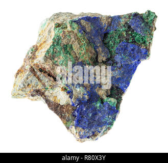 La fotografia macro di naturale minerale da collezione geologica - Azurite ruvida e Malachite cristalli sulla pietra su sfondo bianco Foto Stock