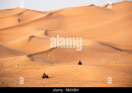 Ciclisti di Quak che cavalcano tra le dune in un safari nel deserto a Dubai, Emirati Arabi Uniti. Foto Stock