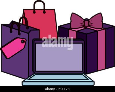 Computer portatile con borsa da shopping e dono illustrazione vettoriale design Illustrazione Vettoriale