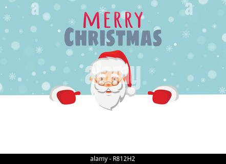 Santa Claus sponda di contenimento. Bianco Natale banner pubblicitario. Merry Christmas testo. Volto di Santa Claus in Red Hat illustrazione vettoriale Illustrazione Vettoriale