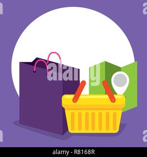 Shoping cestello online con la posizione e la vendita Illustrazione Vettoriale