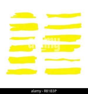 Acquerello giallo disegnati a mano evidenziare set. Vettore spazzola evidenziatore linee. Pennarello per evidenziare evidenziare tratti Illustrazione Vettoriale