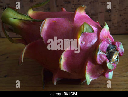 Dolce frutta pitaya, rosa-pelato mature pitahaya frutto anche chiamato Hylocereus undatus sul tavolo di legno Foto Stock