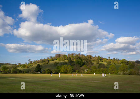 Un villaggio partita di cricket sotto il cielo blu con nuvole cumulus a Stonor, Oxfordshire Foto Stock